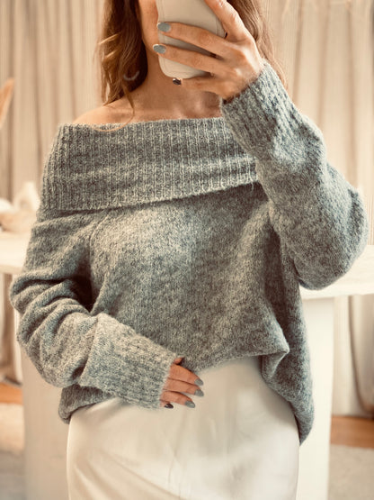 pull col bardot maille gris