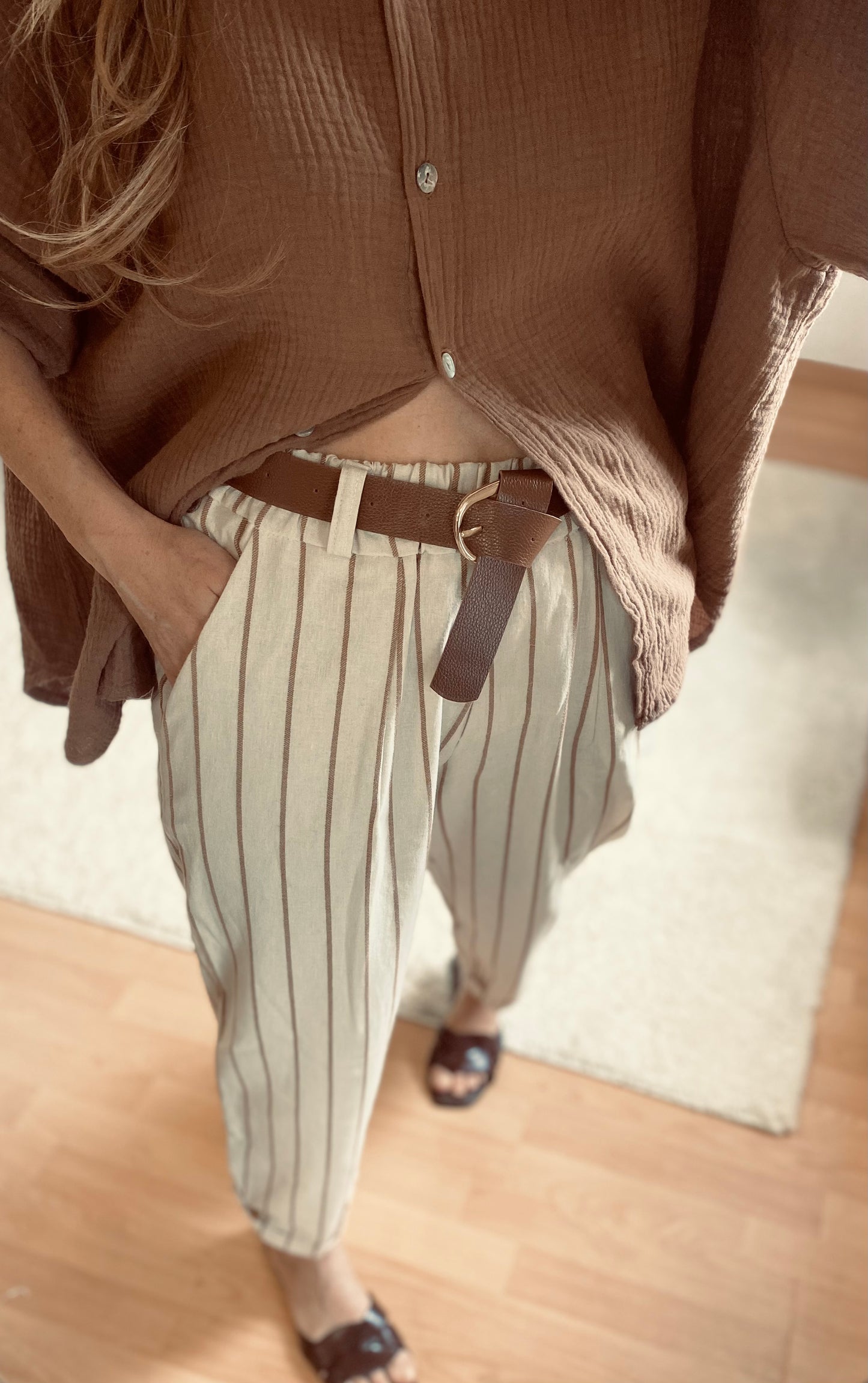 Pantalon rayé beige clair